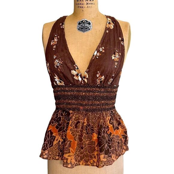 Free People Brinkley Smocked Floral Cocoa Combo Tank Top - Picture 2 of 9
